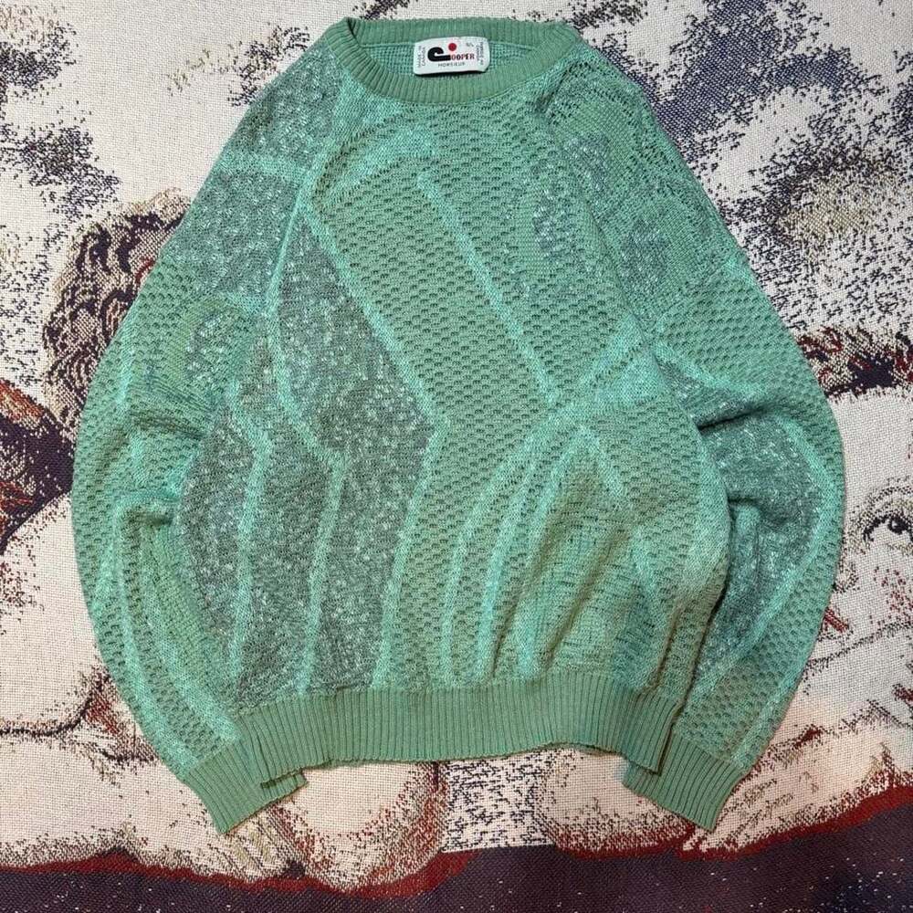 Vintage 90s Cooper Monsieur Patterned Knitted Sweater Blue Green G/L